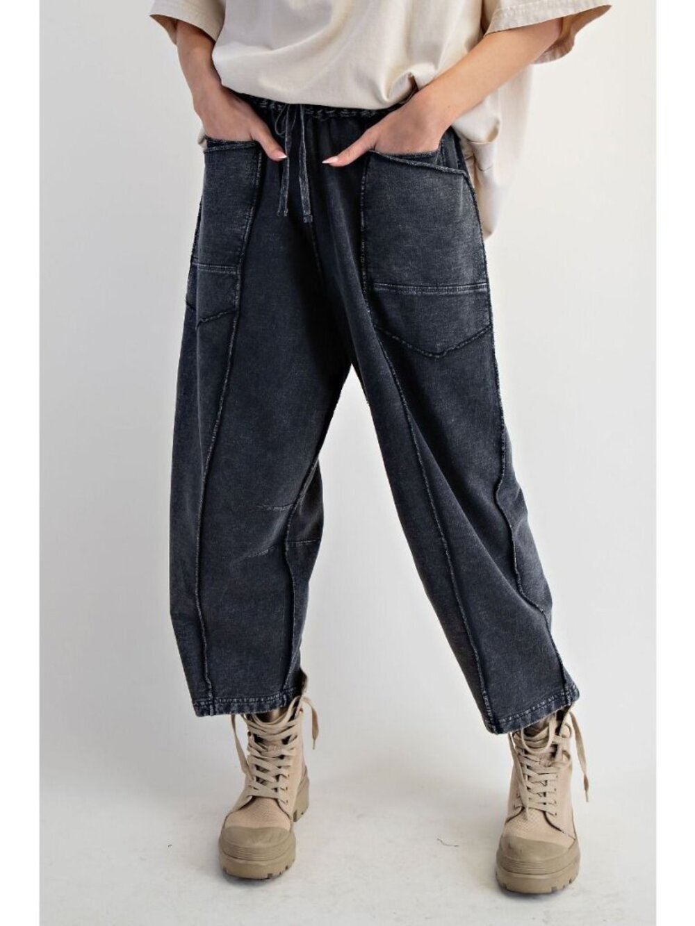 Eryn Mineral Washed Terry Knit Barrel Pants in Black Large